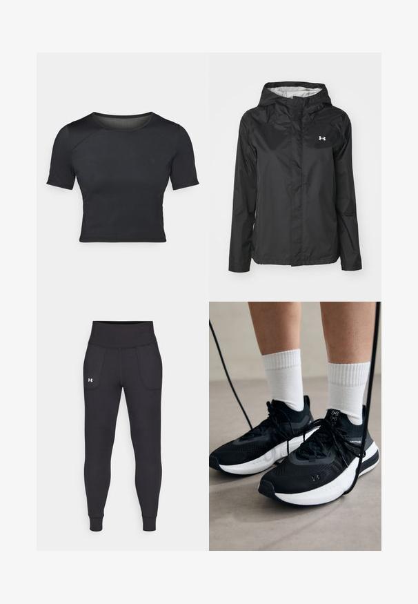 Čierna dažďová bunda vyrobená z vodoodolného materiálu. Má kapucňu, predné zipsové zapínanie a malé biele logo na hornej ľavej strane.; Čierny krátky rukáv crop top vyrobený z hladkej, elastickej látky s okrúhlym výstrihom a jemnými švovými detailami na pleciach.; Čierne športové legíny vyrobené z elastického materiálu, s vysokým pásom, bočnými vreckami a priliehajúcimi manžetami na členkoch.; Čierne športové topánky s textúrovanou tkaninou, bielou podrážkou a čiernymi šnúrkami. Nosené s bielymi rebrovanými ponožkami, postavené na svetlom povrchu.