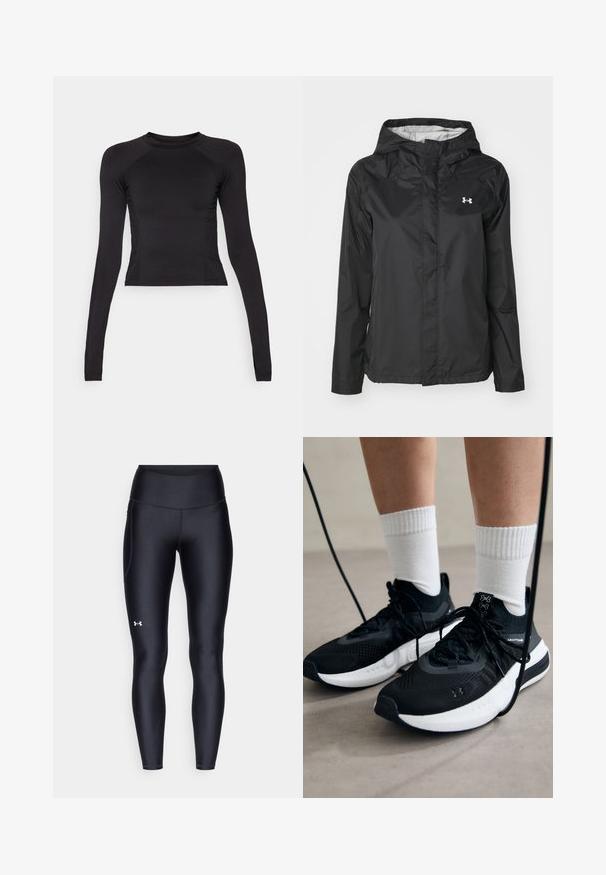 Zwarte regenjack gemaakt van waterafstotend materiaal. Bevat een capuchon, een ritssluiting aan de voorkant en een klein wit logo op de bovenste linkerzijde.; Zwarte lange mouwen crop top van rekbaar materiaal, met een ronde halslijn en raglanmouwen met subtiele stiknaaddetails.; Zwarte leggings van glad, rekbaar materiaal met een hoge tailleband. Heeft een wit logo op de linkerdij en een aansluitend ontwerp.; Zwarte sportschoenen van gestructureerde stof, met een witte zool en zwarte veters. Draag ze met witte geribde sokken, staand op een lichte ondergrond.