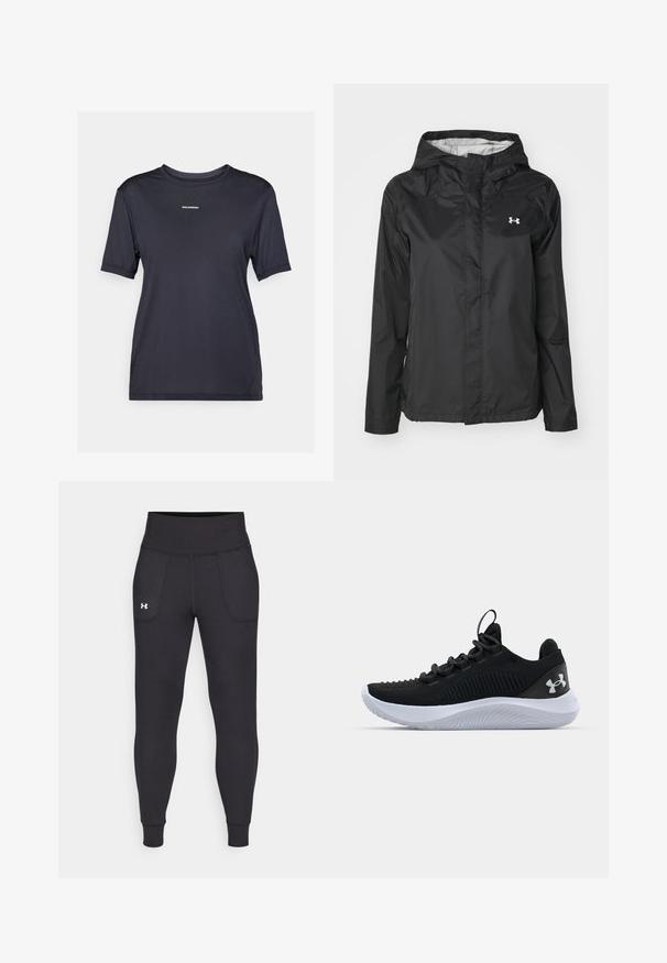 Fekete esőkabát vízálló anyagból. Kapucnival, elöl cipzáras záródással és egy kis fehér logóval a bal felső oldalon.; Fekete, rövidujjú sportpóló könnyű anyagból, kerek nyakkivágással és egy kis márkajelzéssel az elején.; Fekete sportleggings rugalmas anyagból, magas derékfűzéssel, oldalsó zsebekkel és szűkített szárakkal a bokán.; Fekete sportcipők légáteresztő hálós felsőrésszel, texturált részletekkel és fehér gumitalppal. Lapos fűzővel és sarokhúzó füllel rendelkezik.