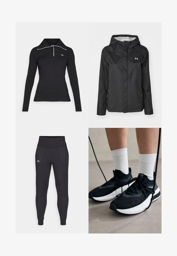 Melna lietus jakas izgatavota no ūdensnecaurlaidīga materiāla. Ar kapuci, priekšējo rāvējslēdzeju un mazu baltu logo augšējā kreisajā pusē.; Melna garām piedurknēm polo krekls ar ribotu tekstūru, trīs pogu aizdari un kontrastējošu baltu apkakles detaļu. Izšūts logotips uz krūšu daļas.; Melnas sporta legingi, kas izgatavoti no stiepjama materiāla, ar augstu jostasvietu, sānu kabatām un pieguļošiem anklets.; Melni sporta apavi ar strukturētu audumu, balta zole un melni šņores. Valkāti ar baltām ribotām zeķēm, stāvot uz gaišas virsmas.