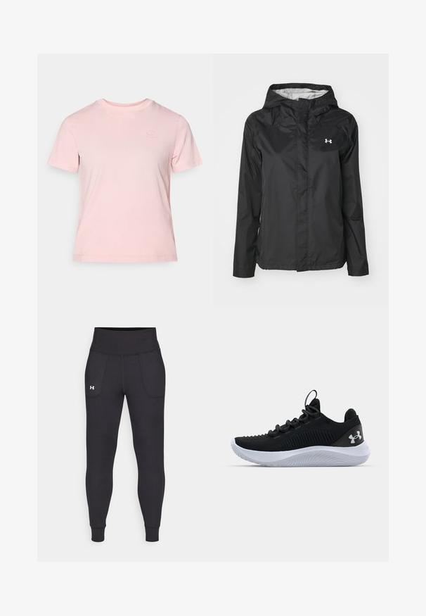 Black rain jacket made of water-resistant material. Features a hood, front zip closure, and a small white logo on the upper left side.; Pink cotton t-shirt with short sleeves, crew neck, and subtle embroidered logo. Smooth texture and relaxed fit.; Black athletic leggings made from stretchy material, featuring a high waistband, side pockets, and fitted cuffs at the ankle.; Black athletic shoes with a breathable mesh upper, textured detailing, and a white rubber sole. Features flat laces and a heel pull tab.