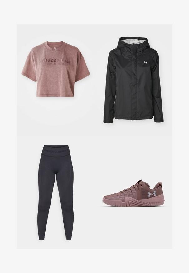 Juodas lietpaltis, pagamintas iš vandeniui atsparios medžiagos. Turi gobtuvą, priekį užtraukiamą užtrauktuku ir mažą baltą logotipą viršutiniame kairiajame kampe.; Trumpas, trumpomis rankovėmis marškinėliai dulkėto rožės spalvos, pagaminti iš minkštos medžiagos. Priekyje yra iškilmingas tekstas "PROJECT ROCK" ir "STOP FOR NOTHING".; Juodos leggingai su aukštu elastiniu juosmeniu, kuriame yra tekstas "UNDER ARMOUR". Lygus paviršius su subtiliais raštų akcentais palei kojas.; Tamsiai rožiniai sportiniai bateliai su tekstūruotu tinkleliu, guminis padas ir žymus sukibimo raštas; šone yra logotipas ir paminkštintas apykaklė.