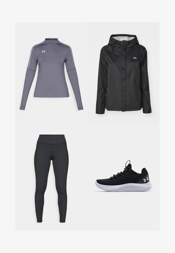 Schwarze Regenjacke aus wasserabweisendem Material. Verfügt über eine Kapuze, einen Reißverschluss vorne und ein kleines weißes Logo auf der oberen linken Seite.; Langärmliges graues Sportshirt mit Stehkragen, weißen Akzenten an den Schultern und einem Under Armour-Logo auf der linken Brust. Das Material ist glatt.; Schwarze Leggings aus dehnbarem Material, mit einem hohen Bund, elegantem Design und gestreiften Akzenten in der Nähe des Knöchels.; Schwarze Sportschuhe mit einem atmungsaktiven Mesh-Obermaterial, strukturierten Details und einer weißen Gummisohle. Ausgestattet mit flachen Schnürsenkeln und einer Zuglasche an der Ferse.