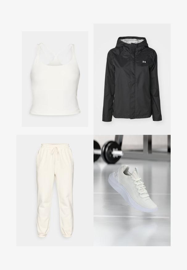 Giacca nera impermeabile realizzata in materiale resistente all'acqua. Presenta un cappuccio, chiusura frontale con zip e un piccolo logo bianco sul lato superiore sinistro.; Fabletics PRINCIPAL BUILT IN BRA TANK - Top - bone; Pantaloni della tuta color crema realizzati in tessuto morbido, con una vita elasticizzata con coulisse, tasche laterali e polsini aderenti alla caviglia.; Sneaker atletico bianco con tomaia in rete testurizzata e sistema di allacciatura, caratterizzato da una suola bianca ammortizzata e sottili accenti rigati.