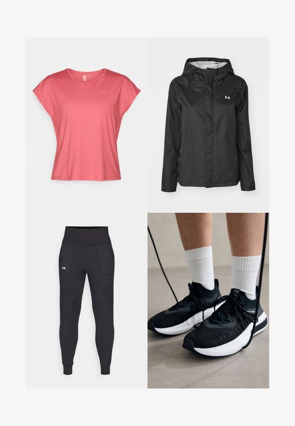 Črna dežna jakna iz vodoodpornega materiala. Ima kapuco, sprednje zadrgo in majhen bel logo na zgornji levi strani.; Kratka majica s kratkimi rokavi koralne barve, izdelana iz gladkega materiala, z okroglim izrezom in sproščenim krojem. Ima minimalno blagovno znamko na zgornjem levem delu.; Črne atletske legice iz raztegljivega materiala, ki imajo visok pas, stranske žepke in tesne manšete pri gležnjih.; Črne športne čevlje z strukturirano tkanino, belo podplatom in črnimi vezalkami. Nosi se z belimi rebrastimi nogavicami, stoje na svetli površini.