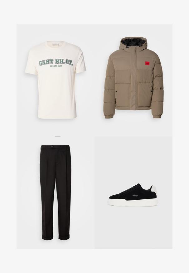 Pufová bunda vo svetlohnedej farbe, s kapucňou na šnúrku, predným zipsom a červeným logom na hrudi. Navrhnutá s elastickými manžetami a vreckami.; Krémové bavlnené tričko s okrúhlym výstrihom a krátkymi rukávmi. Na prednej strane je vyobrazený nápis "GANT NH. CT." a "SPORTS CLUB" v zelenej a čiernej farbe.; Čierne nohavice s hladkým povrchom, rovného strihu, s dvoma prednými vreckami a jedným gombíkom na uzatvorenie v páse.; Čierne nízke tenisky s bielou podrážkou a pätkou, šnurovací predok a logo Calvin Klein na boku.