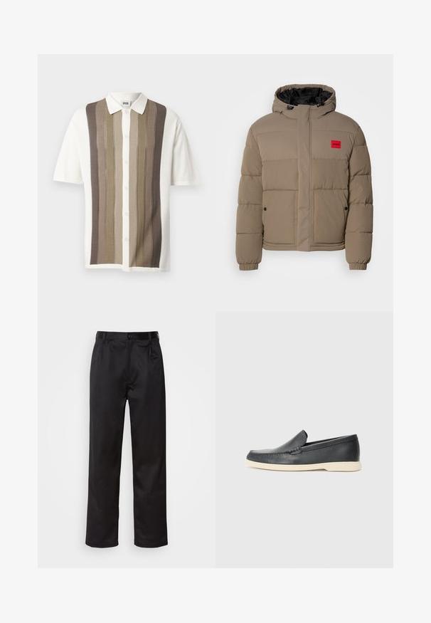 Pufferjacka i ljusbrun, med dragsko på huvan, framdragkedja och en röd logopatch på bröstet. Designad med elastiska ärmavslut och fickor.; Kortärmad skjorta med krage i vertikala ränder i beige, brunt och krämfärgat; knappstängning; stickad tyg med strukturerat mönster.; Svarta byxor i slätt tyg med framknäppning, veck och raka ben. Inga synliga mönster eller detaljer.; Svarta läder slip-on loafers med en texturerad yta och en kontrasterande beige gummisula. Har en subtil accent längs fram.