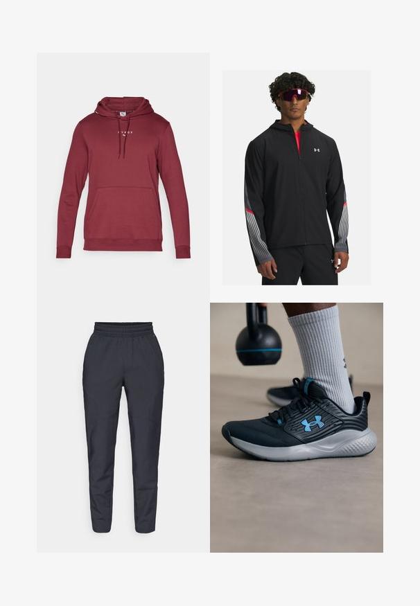 Giubbotto nero con zip e cappuccio, caratterizzato da strisce grigie e dettagli rossi sulle maniche. Indossato sopra una maglietta rossa, esibito con occhiali da sole.; Felpa bordeaux con cappuccio regolabile, tasca frontale e polsini a costine. Presenta un testo logo bianco sul petto. Tessuto morbido.; Pantaloni tapered blu realizzati in tessuto morbido, con elastico in vita, tasche laterali e una texture liscia con dettagli di cucitura discreti.; Scarpone sportivo nero con accenti blu, tomaia testurizzata e suola grigia. Indossato con calzini grigi a costine, accanto a un kettlebell nero.