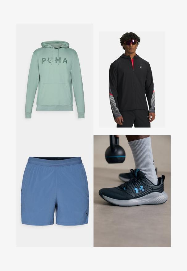 Črna zip-up jakna s kapuco, z sivimi črto in rdečimi detajli na rokavih. Oblačila so nad rdečo majico, prikazana z očali.; Svetrovka svetlo zelene barve s kapuco in kenguru žepom, z teksturirano emblamo "PUMA" na prsih ter vrvicami za kapuco.; Modre športne kratke hlače z elastičnim pasom, izdelane iz lahkega, gladkega materiala; vsebujejo logotip na spodnji levi strani spredaj.; Črne atletske čevlje z modrimi detajli, teksturirano zgornjo plastjo in sivo podplato. Obuti z sivimi rebrastimi nogavicami, ob črnem kettlebellu.