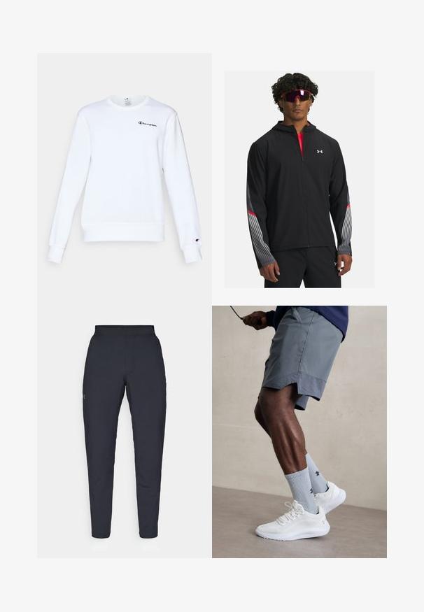 Černá zipová bunda s kapucí, s šedými pruhy a červenými akcenty na rukávech. Nositá přes červené tričko, vystavená se slunečními brýlemi.; Bílá bavlněná mikina s dlouhými rukávy, kulatým výstřihem, žebrovanými manžetami a lemem, se malým černým logem "Champion" na hrudníku.; Černé sportovní kalhoty s hladkou texturou, slim fit, elastickým pasem a bočními kapsami. Na levém stehně je umístěno malé logo.; Bílé sportovní boty s texturovaným síťovaným svrškem, spárované se světle modrými pruhovanými ponožkami s logem. Šedé sportovní šortky s perforovaným lemem.