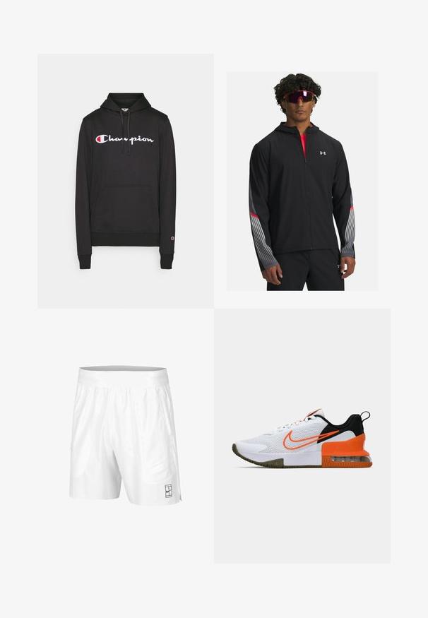 Zwarte zip-up jas met een capuchon, voorzien van grijze strepen en rode accenten op de mouwen. Draag deze over een rood T-shirt, weergegeven met een zonnebril.; Zwarte hoodie van een katoenmix, met een centraal Champion-logo in wit en rood, en een voorzak in kangoeroestijl.; Witte sportshorts met een elastische tailleband, twee zijzakken en een klein zwart logo detail aan de voorkant. Glad materiaal.; Witte sportieve schoen met een gestructureerde mesh bovenkant, zwarte en oranje accenten, een dikke rubberen zool en een doorzichtige luchtkussensectie bij de hak.