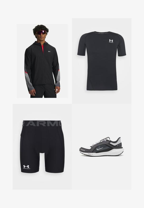 Čierna zipová bunda s kapucňou, obsahujúca šedé pruhy a červené akcenty na rukávoch. Nosená cez červené tričko, vystavená s okuliarmi.; Čierne športové tričko s krátkym rukávom z látky, ktorá odvádza vlhkosť a je elastická. Má okrúhly výstrih a malú bielu nášivku na hrudi.; Čierne športové kompresné šortky s priliehavým strihom, elastickým pásom s nápisom "ARMOUR" v šedej farbe a bielym logom Under Armour.; Čierna a sivá športová obuv s vrchnou časťou z priedušného materiálu, reflexné akcenty a biely medzipodrážka. Obsahuje štruktúrovanú gumovú podrážku a šnúrky.