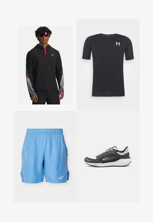 Juodas zip-up džemperis su gobtuvu, su pilkomis juostelėmis ir raudonais akcentais ant rankovių. Užsidėtas ant raudono marškinėlio, demonstruojamas su akiniais nuo saulės.; Juodas trumpomis rankovėmis sportinis marškinėlis, pagamintas iš drėgmės sugeriančios, tamprios medžiagos. Turi apvalų iškirpimą ir mažą baltą logotipą ant krūtinės.; Šviesiai mėlyni sportiniai šortai su elastinga juosta, šoninėmis kišenėmis ir mažuoju baltu Nike logotipu apatiniame dešiniajame priekyje. Glotni audinio tekstūra.; Juodas ir pilkas sportinis batelis su tinkleliu viršuje, atspindinčiais akcentais ir balta vidurinė dalimi. Yra tekstūruota guminė išorinė pada ir raišteliai.