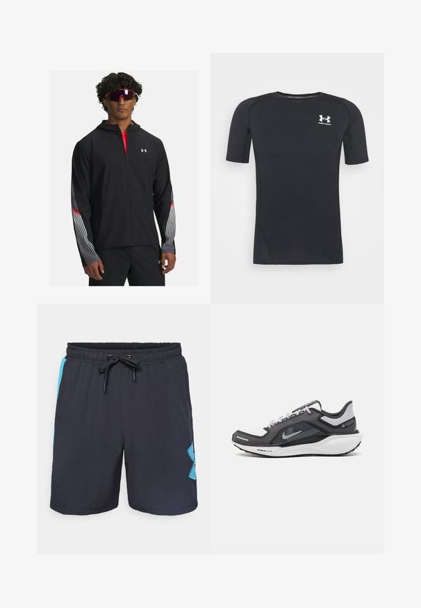 Zwarte zip-up jas met een capuchon, voorzien van grijze strepen en rode accenten op de mouwen. Draag deze over een rood T-shirt, weergegeven met een zonnebril.; Zwart sportshirt met korte mouwen, gemaakt van vochtafvoerend, rekbaar materiaal. Heeft een ronde halslijn en een klein wit logo op de borst.; Zwarte sportshorts met een elastische tailleband, trekkoordsluiting, zijpanelen in het blauw en een opvallend lichtblauw logo op het rechterbeen.; Zwarte en grijze sportschoen met een bovenwerk van mesh, reflecterende accenten en een witte tussenzool. Beschikt over een gestructureerde rubberen zool en veters.