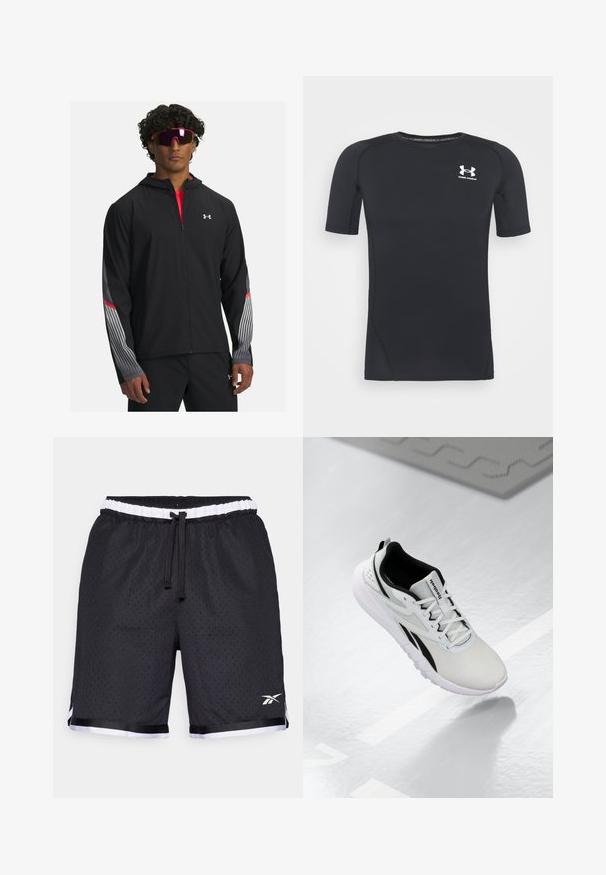 Schwarze Zip-up-Jacke mit Kapuze, mit grauen Streifen und roten Akzenten an den Ärmeln. Getragen über einem roten Shirt, präsentiert mit Sonnenbrille.; Schwarzes kurzärmliges Sportshirt aus feuchtigkeitsableitendem, elastischem Material. Verfügt über einen runden Halsausschnitt und ein kleines weißes Logo auf der Brust.; Schwarze Sportshorts aus Netzstoff mit einer strukturierten Oberfläche, elastischem Bund, schwarzem Kordelzug und weißen Akzenten am Saum und im Logo.; Hellgrau Sport-Schuh mit schwarzen Akzenten, strukturiertem Mesh-Obermaterial, gepolstertem Sohlen und Schnürverschluss. Mit einer Zuglasche an der Ferse.