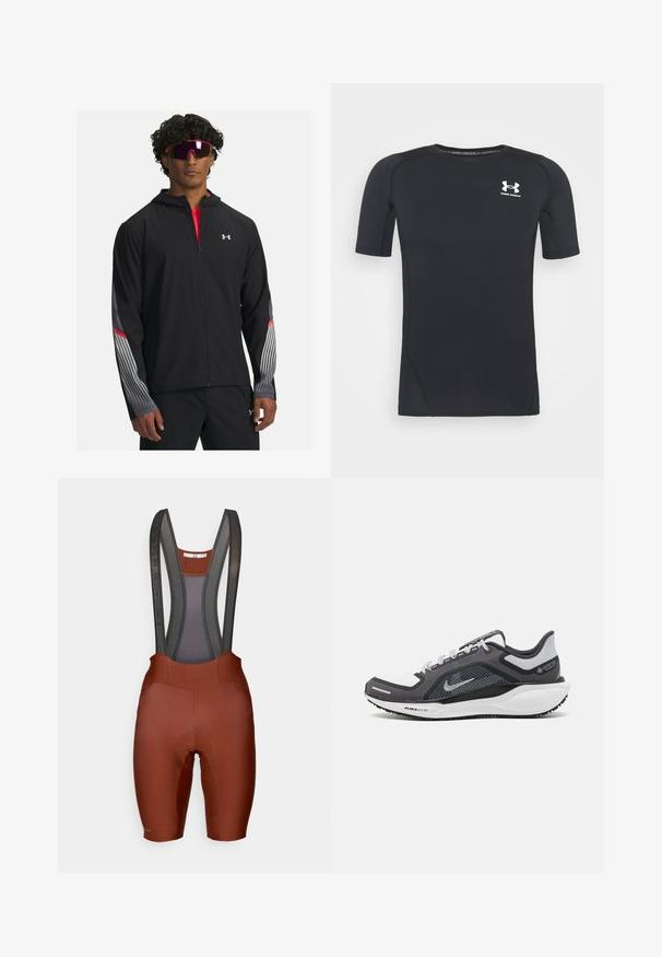 Sort zip-jakke med hætte, prydet med grå striber og røde detaljer på ærmerne. Bæres over en rød skjorte, vist med solbriller.; Sort kortærmet træningsskjorte lavet af fugttransporterende, strækbart stof. Har rund halsudskæring og et lille hvidt logo på brystet.; Brune bibshorts med mesh-stropper, polstret sæde og kontrasterende syninger. Glat tekstureret stof, skræddersyet pasform til cykling.; Sort og grå atletisk sko med en mesh-overdel, reflekterende detaljer og en hvid mellemsål. Har en tekstureret gummisål og snørebånd.