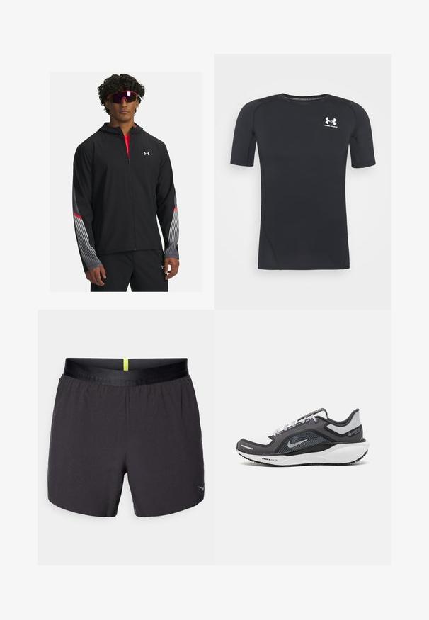 Mustra musta tõmbetaskuga jope, millel on hallid triibud ja punased aktsendid varrukatel. Kandmine punase särgi peal, esitatud koos prillidega.; Must musta-särk lühikeste varrukatega, valmistatud niiskust eemaldavast, elastsetest kangast. Ümar kaelus ja väikene valge logo rinnal.; Mustad mustad lühikesed püksid sujuva tekstuuriga, elastse vöökoha, millel on kollane aktsent, ning väikese logoga alumises paremas nurgas.; Mustern ja hallide värvusega spordijalats, millel on võrgusilmast ülemine osa, peegeldavad aktsendid ja valge vaheosa. Omab tekstuuriga kummist välisosa ja kingapaelu.