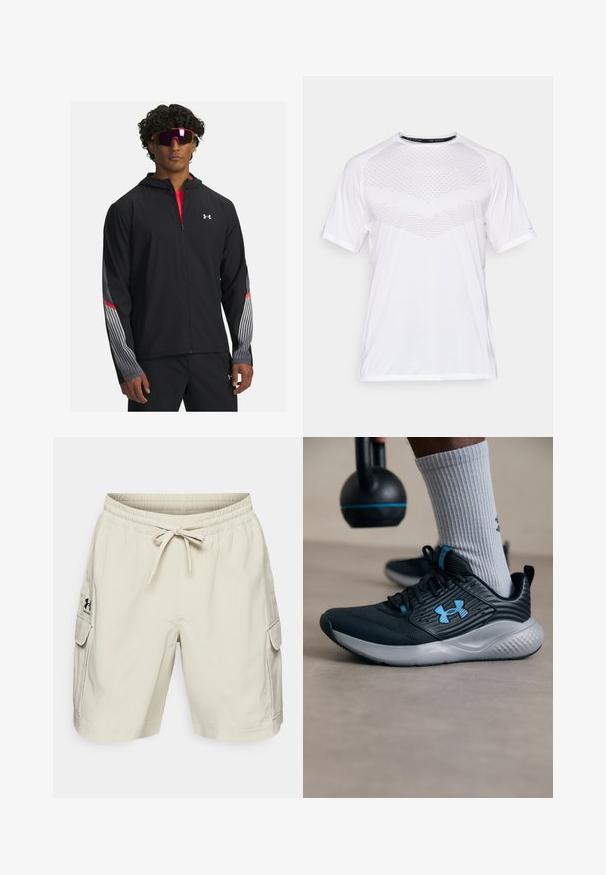 Črna zip-up jakna s kapuco, z sivimi črto in rdečimi detajli na rokavih. Oblačila so nad rdečo majico, prikazana z očali.; Bela kratka športna majica s kratkimi rokavi z teksturno geometrijsko vzorcem spredaj, izdelana iz lahke tkanine, krožnim ovratnikom in sproščenim prilegom.; Bež kratke hlače s elastičnim pasom in vrvico. Imajo dva stranska žepa in logo na levi strani. Gladka tekstura tkanine.; Črne atletske čevlje z modrimi detajli, teksturirano zgornjo plastjo in sivo podplato. Obuti z sivimi rebrastimi nogavicami, ob črnem kettlebellu.