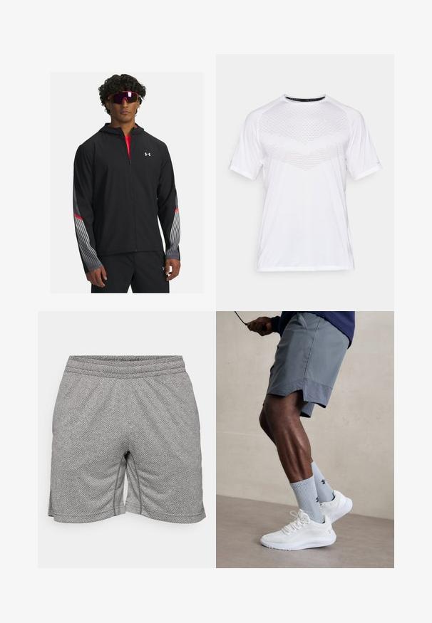 Chaqueta negra con cremallera y capucha, que presenta rayas grises y detalles rojos en las mangas. Llevada sobre una camiseta roja, mostrada con gafas de sol.; Camiseta atlética corta blanca con un patrón geométrico texturizado en el frente, hecha de una tela ligera, con cuello redondo y corte relajado.; Pantalones cortos deportivos grises con un patrón texturizado, cinturilla elástica y aberturas laterales para mayor movilidad. Fabricados en un material ligero y transpirable.; Zapatillas deportivas blancas con parte superior de malla texturizada, combinadas con calcetas de canalé azul claro que cuentan con un logo. Pantalones cortos deportivos grises con borde perforado.