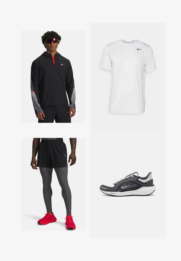 Chaqueta negra con cremallera y capucha, que presenta rayas grises y detalles rojos en las mangas. Llevada sobre una camiseta roja, mostrada con gafas de sol.; Camiseta blanca de manga corta hecha de tela suave. Presenta un cuello redondo y un pequeño logo negro de Nike en el pecho izquierdo.; Shorts deportivos negros sobre leggings grises, complementados con zapatillas rojas. Los shorts cuentan con un material ligero y sutiles aberturas laterales.; Zapatilla deportiva negro y gris con parte superior de malla, acentos reflectantes y una entresuela blanca. Presenta una suela de goma texturizada y cordones.