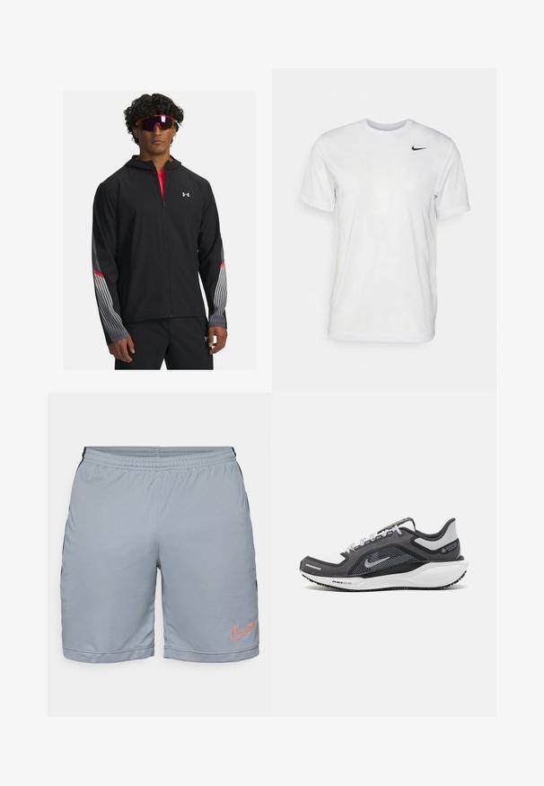 Mustra musta tõmbetaskuga jope, millel on hallid triibud ja punased aktsendid varrukatel. Kandmine punase särgi peal, esitatud koos prillidega.; Valge lühikeste varrukatega t-särk, mis on valmistatud siledast kangast. Omab ümmargust kaelust ja väikest musta Nike logo vasakul rinnal.; Heledad hallide hallide spordilühikesed, mustade külgpaneelidega, elastse vöökoha ja tekstuurse võrkmise ääriga. Vasakul jalal on oranž Nike logo.; Mustern ja hallide värvusega spordijalats, millel on võrgusilmast ülemine osa, peegeldavad aktsendid ja valge vaheosa. Omab tekstuuriga kummist välisosa ja kingapaelu.