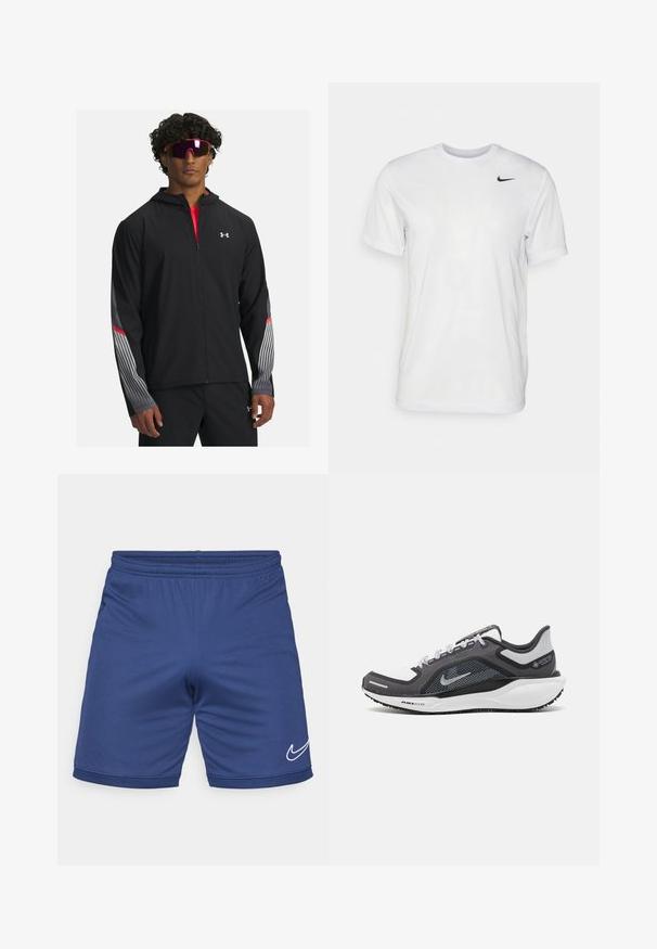 Mustra musta tõmbetaskuga jope, millel on hallid triibud ja punased aktsendid varrukatel. Kandmine punase särgi peal, esitatud koos prillidega.; Valge lühikeste varrukatega t-särk, mis on valmistatud siledast kangast. Omab ümmargust kaelust ja väikest musta Nike logo vasakul rinnal.; Sinised spordishortsid kergest materjalist. Omavad elastset vöökohta ja valget Nike swooshi logo alapoole.; Mustern ja hallide värvusega spordijalats, millel on võrgusilmast ülemine osa, peegeldavad aktsendid ja valge vaheosa. Omab tekstuuriga kummist välisosa ja kingapaelu.