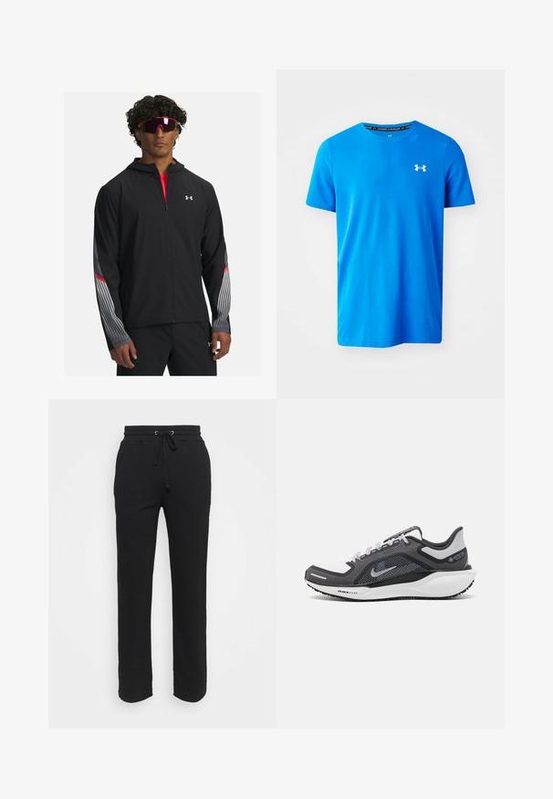 Juodas zip-up džemperis su gobtuvu, su pilkomis juostelėmis ir raudonais akcentais ant rankovių. Užsidėtas ant raudono marškinėlio, demonstruojamas su akiniais nuo saulės.; Mėlyna trumpa rankovė T-marškiniai, pagaminti iš kvėpuojančios medžiagos, su subtiliu tekstūriniu raštu ir baltu "Under Armour" logotipu ant krūtinės.; Juodos sportinės kelnės, pagamintos iš minkštos medžiagos, su elastinga juosta ir reguliuojamu raišteliu. Tiesios kojos ir be matomų kišenių.; Juodas ir pilkas sportinis batelis su tinkleliu viršuje, atspindinčiais akcentais ir balta vidurinė dalimi. Yra tekstūruota guminė išorinė pada ir raišteliai.