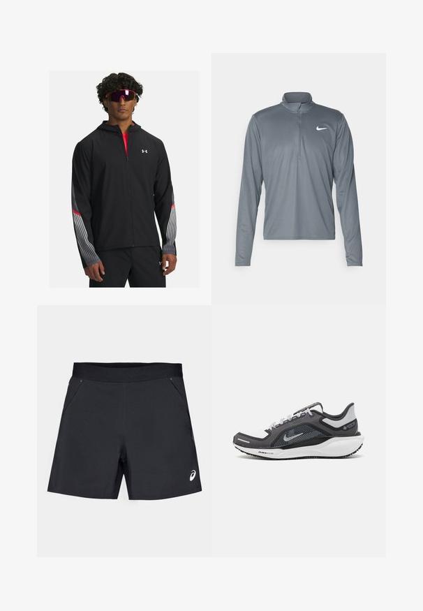 Črna zip-up jakna s kapuco, z sivimi črto in rdečimi detajli na rokavih. Oblačila so nad rdečo majico, prikazana z očali.; Siva dolgih rokavov Nike performančna majica s četrt zadrgo. Narejena iz gladkega, lahkega materiala, z majhnim belim logotipom na prsih.; Črne športne kratke hlače iz lahkega materiala, z gladko teksturo, elastičnim pasom in dvema stranskima žepoma. Logo na spodnjem desnem delu.; Črne in sive atletske čevlje z mrežasto zgornjim delom, odsevnimi detajli in belim srednjim podplatom. Imajo strukturiran gumijast podplat in vezalke.