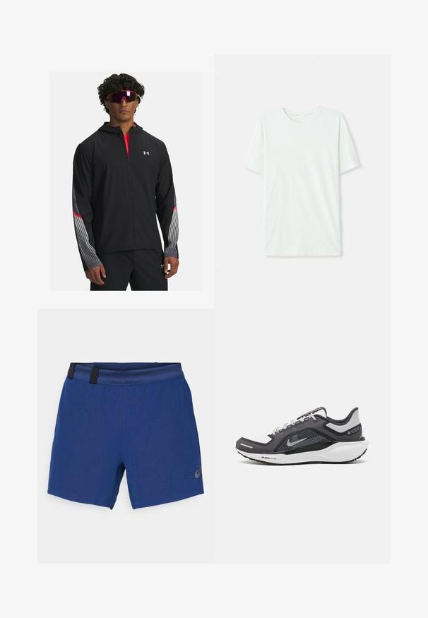 Mustra musta tõmbetaskuga jope, millel on hallid triibud ja punased aktsendid varrukatel. Kandmine punase särgi peal, esitatud koos prillidega.; Heleheline mintroheline lühikeste varrukatega t-särk, mis on valmistatud pehmest kangast. Omab ümmargust kaelust ja lihtsat, sirget lõiget ilma kaunistusteta.; Sinised spordilühikesed püksid, millel on tekstuuriga kangas, elastne vöökoht musta aktsendiga ja logo paremal alajalgadel.; Mustern ja hallide värvusega spordijalats, millel on võrgusilmast ülemine osa, peegeldavad aktsendid ja valge vaheosa. Omab tekstuuriga kummist välisosa ja kingapaelu.