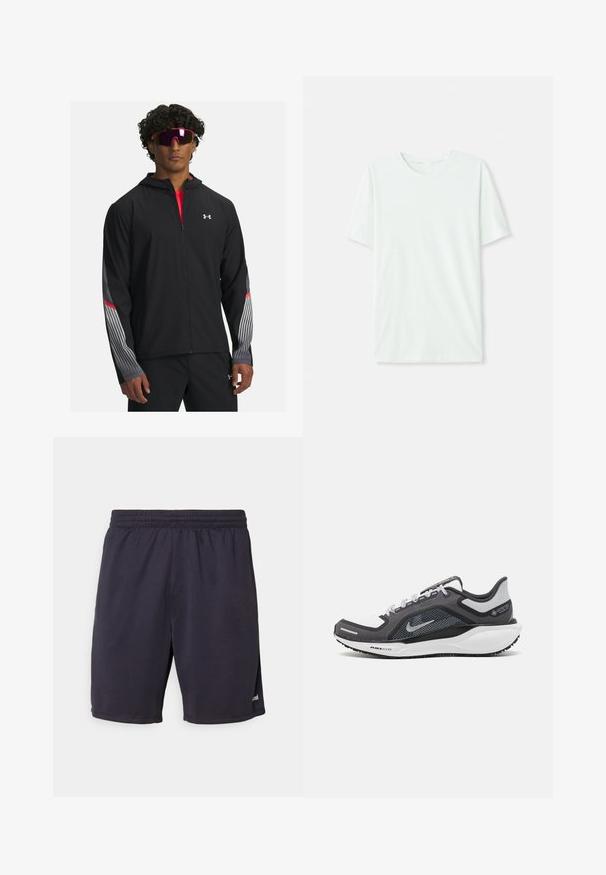 Melnas zip-up jaka ar kapuci, ar pelēkām svītrām un sarkaniem akcentiem uz piedurknēm. Valkāta virs sarkanas kreklas, parādīta ar saulesbrillēm.; Gai mints zaļš īsu piedurkņu T-krekls, izgatavots no mīkstas auduma. Tam ir apaļa kakla izgriezuma forma un vienkāršs, taisns griezums bez rotājumiem.; Jūras spēku šorti, kas izgatavoti no viegla auduma ar elastīgu jostu, ar smalku spīdumu un sānu griezumiem, kas nodrošina ērtu kustību.; Melnas un pelēkas sporta kurpes ar tīklu augšdaļu, atstarojošiem akcentiem un baltu starpzoli. Aprīkotas ar teksturētu gumijas zoli un šņorēm.