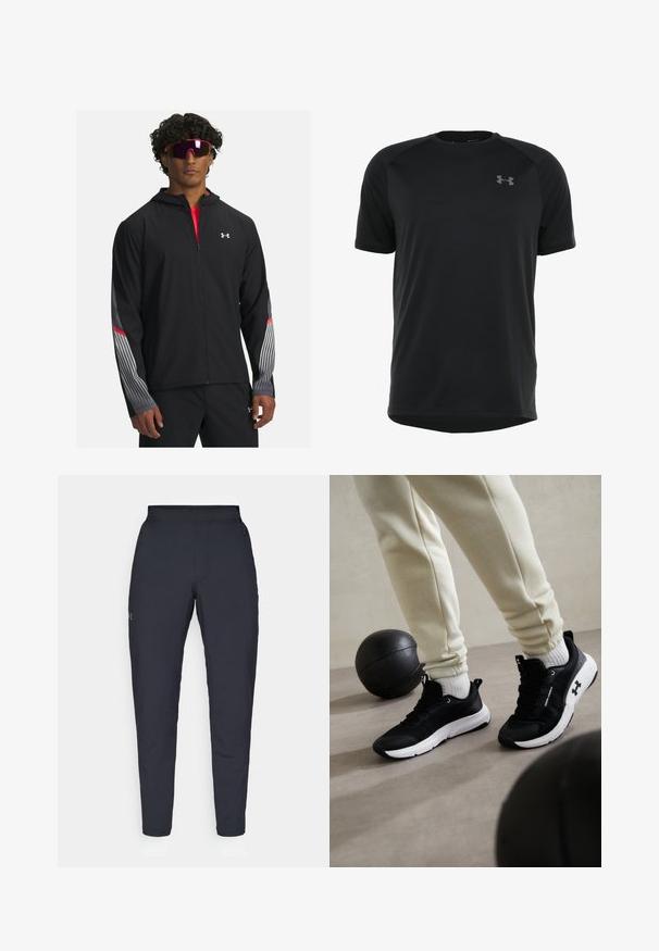 Giubbotto nero con zip e cappuccio, caratterizzato da strisce grigie e dettagli rossi sulle maniche. Indossato sopra una maglietta rossa, esibito con occhiali da sole.; Maglietta atletica nera a maniche corte realizzata in tessuto morbido e leggero. Presenta un collo rotondo e un logo discreto sul petto.; Pantaloni sportivi neri con una texture liscia, vestibilità slim, vita elastica e tasche laterali. Presentano un piccolo logo sulla coscia sinistra.; Scarpe da ginnastica nere con suola bianca, dotate di una tomaia testurizzata e un sistema di allacciatura. Accompagnate da pantaloni sportivi color crema e una palla da basket nera.