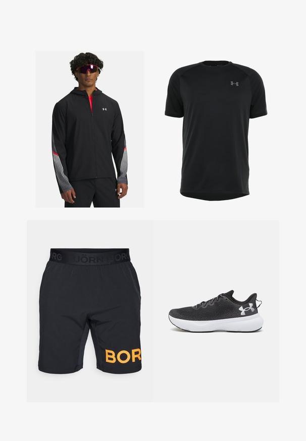 Čierna zipová bunda s kapucňou, obsahujúca šedé pruhy a červené akcenty na rukávoch. Nosená cez červené tričko, vystavená s okuliarmi.; Čierny športový krátky rukáv vyrobený z hladkej, ľahkej tkaniny. Má zaoblený výstrih a nenápadné logo na hrudi.; Björn Borg SHORTS - Športové šortky - black beauty; Čierne športové topánky s textúrovaným sieťovinovým zvrškom, bielou tlmiacou podrážkou a čiernymi šnúrkami, so výrazným bielym logom na päte.
