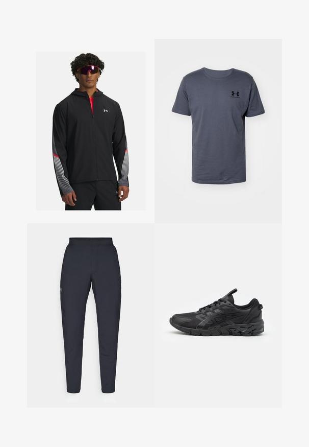 Zwarte zip-up jas met een capuchon, voorzien van grijze strepen en rode accenten op de mouwen. Draag deze over een rood T-shirt, weergegeven met een zonnebril.; Grijze t-shirt met korte mouwen van katoen. Heeft een ronde hals en een klein zwart 'Under Armour'-logo op de linkerborst. Glad textuur.; Zwarte sportbroeken met een gladde textuur, slanke pasvorm, elastische tailleband en zijzakken. Bevat een klein logo op het linkerdij.; ASICS GEL-QUANTUM 90 3 - Hardloopschoenen voor op de weg - black