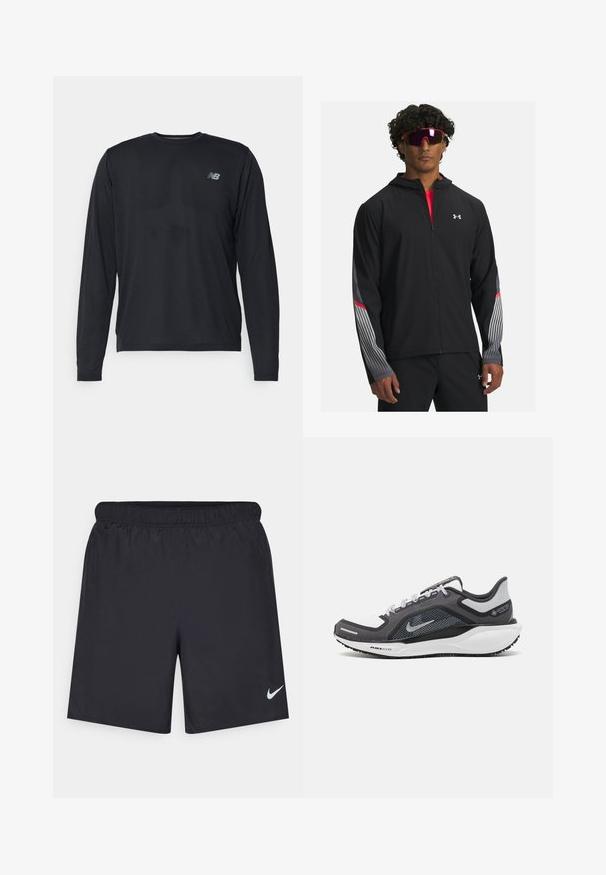 Juodas zip-up džemperis su gobtuvu, su pilkomis juostelėmis ir raudonais akcentais ant rankovių. Užsidėtas ant raudono marškinėlio, demonstruojamas su akiniais nuo saulės.; Juodas ilgo rankovės sportinis marškinėlis su tekstūruota medžiaga ir subtiliomis perforacijomis. Pavaizduota maža atspindinti logo kairėje krūtinės pusėje.; Juodos sportinės šortai, pagaminti iš lengvos medžiagos, su elastingu juosmeniu. Ant apatinės kairės pusės yra mažas baltas Nike logotipas.; Juodas ir pilkas sportinis batelis su tinkleliu viršuje, atspindinčiais akcentais ir balta vidurinė dalimi. Yra tekstūruota guminė išorinė pada ir raišteliai.