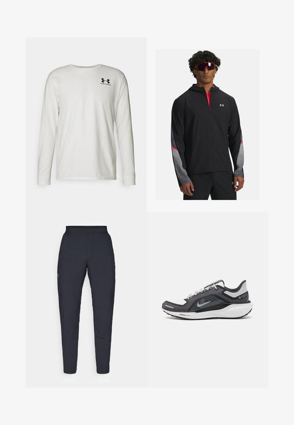 Melnas zip-up jaka ar kapuci, ar pelēkām svītrām un sarkaniem akcentiem uz piedurknēm. Valkāta virs sarkanas kreklas, parādīta ar saulesbrillēm.; Garums piedurknēm balts t-krekls, izgatavots no kokvilnas, ar apaļu kakla izgriezumu. Augšējā kreisajā krūtīs ir melna logo. Gluda tekstūra un pieguļoša konstrukcija.; Melnas sporta bikses ar gludu tekstūru, šauru piegriezumu, elastīgu jostu un sānu kabatām. Uz kreisā augšstilba ir mazs logs.; Melnas un pelēkas sporta kurpes ar tīklu augšdaļu, atstarojošiem akcentiem un baltu starpzoli. Aprīkotas ar teksturētu gumijas zoli un šņorēm.