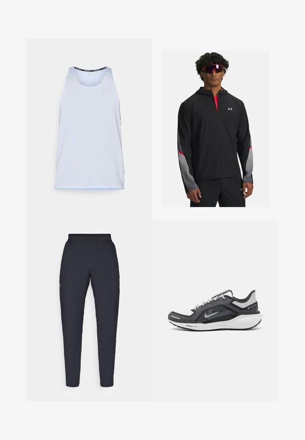 Chaqueta negra con cremallera y capucha, que presenta rayas grises y detalles rojos en las mangas. Llevada sobre una camiseta roja, mostrada con gafas de sol.; Top deportivo en azul claro, confeccionado con una tela perforada y transpirable, que cuenta con un escote redondo y un acento negro a lo largo del collar.; Pantalones deportivos negros con una textura suave, corte ajustado, cinturilla elástica y bolsillos laterales. Presentan un pequeño logo en el muslo izquierdo.; Zapatilla deportiva negro y gris con parte superior de malla, acentos reflectantes y una entresuela blanca. Presenta una suela de goma texturizada y cordones.