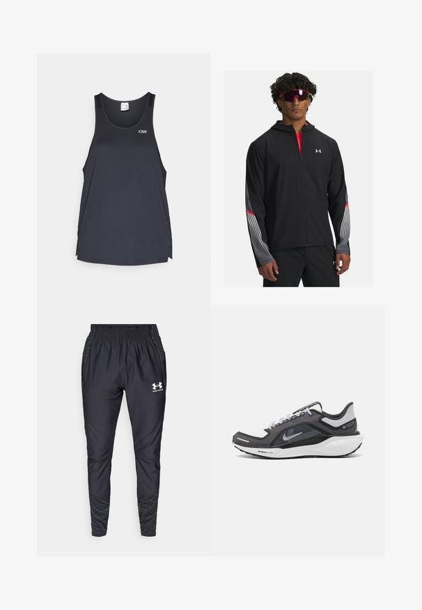 Black zip-up jacket with a hood, featuring gray stripes and red accents on sleeves. Worn over a red shirt, displayed with sunglasses.; Black athletic tank top featuring a mesh texture, a round neckline, and a small white logo on the upper left.; Under Armour PRO PANT - Tracksuit bottoms - black/white; Black and gray athletic shoe with a mesh upper, reflective accents, and a white midsole. Features textured rubber outsole and laces.