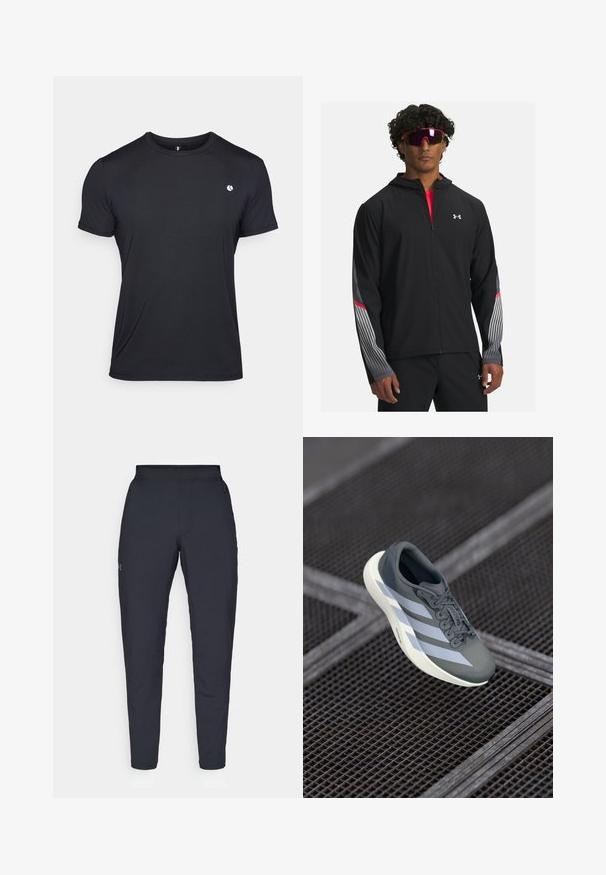 Mustapukuinen vetoketjullinen takki hupulla, jossa on harmaat raidat ja punaiset yksityiskohdat hihoissa. Viettää punaisen paidan päällä, esiteltynä aurinkolasien kanssa.; Björn Borg ACE - Printtipaita - black beauty; Mustat urheiluhousut, joissa on sileä pinta, kapea malli, joustava vyötäkuja ja sivutaskut. Vasemmassa reisissä on pieni logo.; Urheilukengät harmaana ja valkoisena, valmistettu synteettisestä materiaalista, virtaviivaisella muotoilulla, tekstuurilla ja näyttävällä nauhoitusjärjestelmällä.