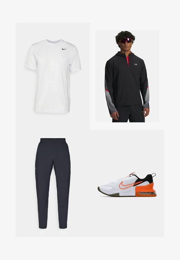 Black zip-up jacket with a hood, featuring gray stripes and red accents on sleeves. Worn over a red shirt, displayed with sunglasses.; White short-sleeve t-shirt made of smooth fabric. Features a round neck and a small black Nike logo on the left chest.; Black athletic pants with a smooth texture, slim fit, elastic waistband, and side pockets. Features a small logo on the left thigh.; White athletic shoe with a textured mesh upper, black and orange accents, a thick rubber sole, and a clear air cushion section at the heel.