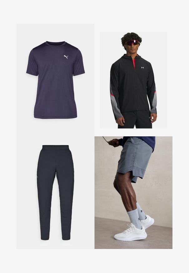 Mustra musta tõmbetaskuga jope, millel on hallid triibud ja punased aktsendid varrukatel. Kandmine punase särgi peal, esitatud koos prillidega.; Tume mere shirt, mis on valmistatud siledast kangast, ringkrae ja lühikeste varrukatega. Vasakul rinnal on valge Puma logo detail.; Mustad mustreid spordipüksid, millel on sile tekstuur, kitsas lõige, elastne vöökoht ja küljetaskud. Vasakule reiele on tikandatud väike logo.; Valged spordijalatsid tekstuurse võrguga pealispinnaga, millele on lisatud helesinised ribakujulised sokid logoga. Hallid spordilühikesed püksid, millel on perforeeritud ääred.