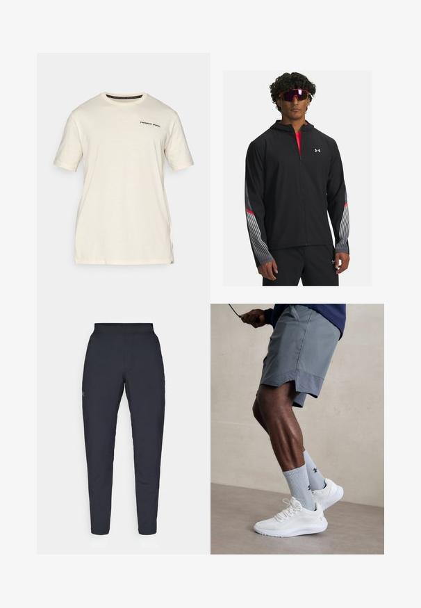 Chaqueta negra con cremallera y capucha, que presenta rayas grises y detalles rojos en las mangas. Llevada sobre una camiseta roja, mostrada con gafas de sol.; Camiseta de algodón color crema con mangas cortas. Presenta un pequeño logo negro impreso en el lado izquierdo del pecho y un diseño de cuello redondo.; Pantalones deportivos negros con una textura suave, corte ajustado, cinturilla elástica y bolsillos laterales. Presentan un pequeño logo en el muslo izquierdo.; Zapatillas deportivas blancas con parte superior de malla texturizada, combinadas con calcetas de canalé azul claro que cuentan con un logo. Pantalones cortos deportivos grises con borde perforado.