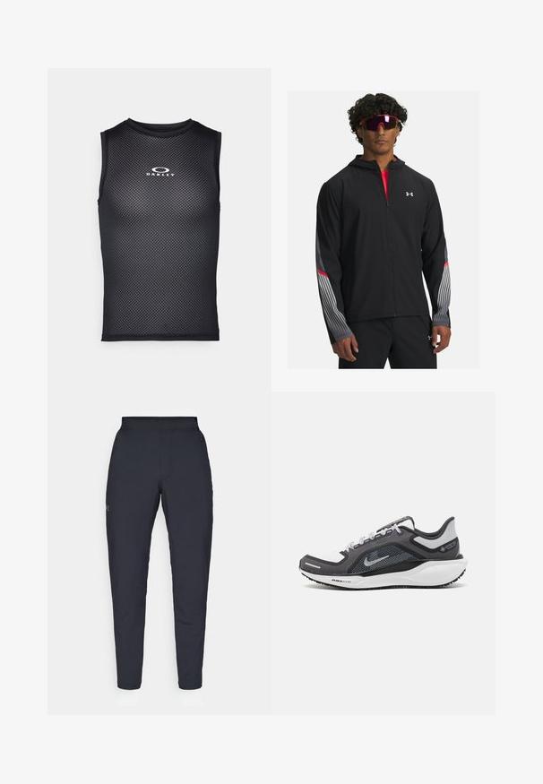 Mustra musta tõmbetaskuga jope, millel on hallid triibud ja punased aktsendid varrukatel. Kandmine punase särgi peal, esitatud koos prillidega.; Must musta spordipaita, mis on valmistatud võrkmaterjalist, ümmarguse kaeluse ning valge "Oakley" logo kaeluse peal.; Mustad mustreid spordipüksid, millel on sile tekstuur, kitsas lõige, elastne vöökoht ja küljetaskud. Vasakule reiele on tikandatud väike logo.; Mustern ja hallide värvusega spordijalats, millel on võrgusilmast ülemine osa, peegeldavad aktsendid ja valge vaheosa. Omab tekstuuriga kummist välisosa ja kingapaelu.