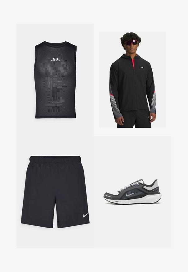 Black zip-up jacket with a hood, featuring gray stripes and red accents on sleeves. Worn over a red shirt, displayed with sunglasses.; Black sleeveless athletic shirt made of mesh material, featuring a round neckline and the "Oakley" logo in white on the chest.; Black athletic shorts made of lightweight material with an elastic waistband. Features a small white Nike logo on the lower left side.; Black and gray athletic shoe with a mesh upper, reflective accents, and a white midsole. Features textured rubber outsole and laces.