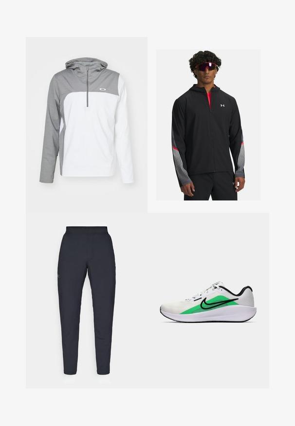Mustra musta tõmbetaskuga jope, millel on hallid triibud ja punased aktsendid varrukatel. Kandmine punase särgi peal, esitatud koos prillidega.; Kerge pullover jakk halli ülaosa, valge alaosa ja tõmblukuga kraega. Omab kapuutsi ja logo rinnal.; Mustad mustreid spordipüksid, millel on sile tekstuur, kitsas lõige, elastne vöökoht ja küljetaskud. Vasakule reiele on tikandatud väike logo.; Valge spordijalats, millel on roheline aktsent, must logo, võrkmaterjalist pealisosa, pehmendusega tallad ja ümar kannaosa. Omab paelu ja kontrastset detaili.