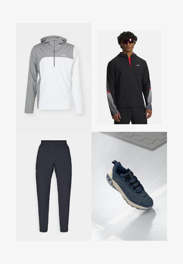 Čierna zipová bunda s kapucňou, obsahujúca šedé pruhy a červené akcenty na rukávoch. Nosená cez červené tričko, vystavená s okuliarmi.; Ľahká pulóverová bunda s šedou hornou časťou, bielou dolnou časťou a zipsovým golierom. Má kapucňu a logo na hrudi.; Čierne športové nohavice s hladkým povrchom, priliehavým strihom, elastickým pásom a bočnými vreckami. Obsahujú malé logo na ľavom stehne.; Námornícka modrá teniska s textúrovanou tkaninou, vlnitým dizajnom, čiernymi šnúrkami a krémovou gumovou podrážkou. Obsahuje akcenty loga a polstrovaný golier.