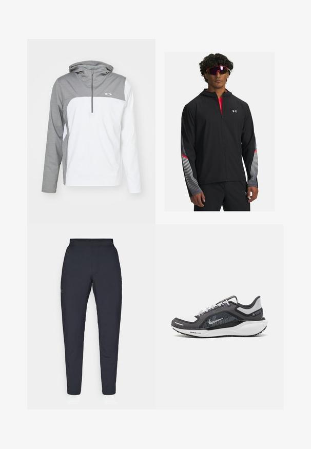 Schwarze Zip-up-Jacke mit Kapuze, mit grauen Streifen und roten Akzenten an den Ärmeln. Getragen über einem roten Shirt, präsentiert mit Sonnenbrille.; Leichte Pulli-Jacke mit einem grauen oberen Bereich, einem weißen unteren Bereich und einem Reißverschlusskragen. Verfügt über eine Kapuze und ein Logo auf der Brust.; Schwarze Sporthose mit glatter Textur, schlankem Schnitt, elastischem Bund und seitlichen Taschen. Mit einem kleinen Logo auf dem linken Oberschenkel.; Schwarzer und grauer Sportschuh mit einem Mesh-Obermaterial, reflektierenden Akzenten und einer weißen Zwischensohle. Verfügt über eine strukturierte Gummisohle und Schnürsenkel.