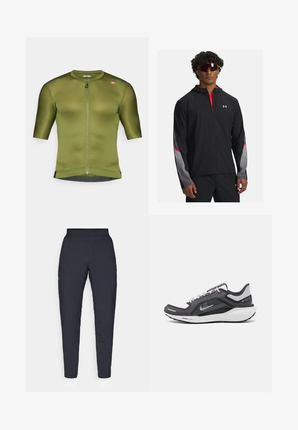 Juodas zip-up džemperis su gobtuvu, su pilkomis juostelėmis ir raudonais akcentais ant rankovių. Užsidėtas ant raudono marškinėlio, demonstruojamas su akiniais nuo saulės.; Alyvuogių spalvos dviratininko marškiniai trumpomis rankovėmis, aukštu apykakle, priekyje su užtrauktuku ir subtilia rilėta tekstūra. Pabrėžia logotipo akcentas ant peties.; Juodos sportinės kelnės su lygiu paviršiumi, siauru siluetu, elastingu juosmeniu ir šoninėmis kišenėmis. Mažas logotipas yra kairėje šlaunyje.; Juodas ir pilkas sportinis batelis su tinkleliu viršuje, atspindinčiais akcentais ir balta vidurinė dalimi. Yra tekstūruota guminė išorinė pada ir raišteliai.