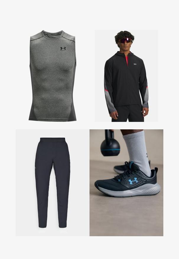 Zwarte zip-up jas met een capuchon, voorzien van grijze strepen en rode accenten op de mouwen. Draag deze over een rood T-shirt, weergegeven met een zonnebril.; Mannelijk mouwloos sportshirt, gemaakt van donkergrijs vochtafvoerend materiaal, heeft een ronde halslijn en een Under Armour-logo op de borst.; Zwarte sportbroeken met een gladde textuur, slanke pasvorm, elastische tailleband en zijzakken. Bevat een klein logo op het linkerdij.; Zwarte sportschoen met blauwe accenten, gestructureerde bovenkant en grijze zool. Draagt met grijze geribbelde sokken, naast een zwarte kettlebell.