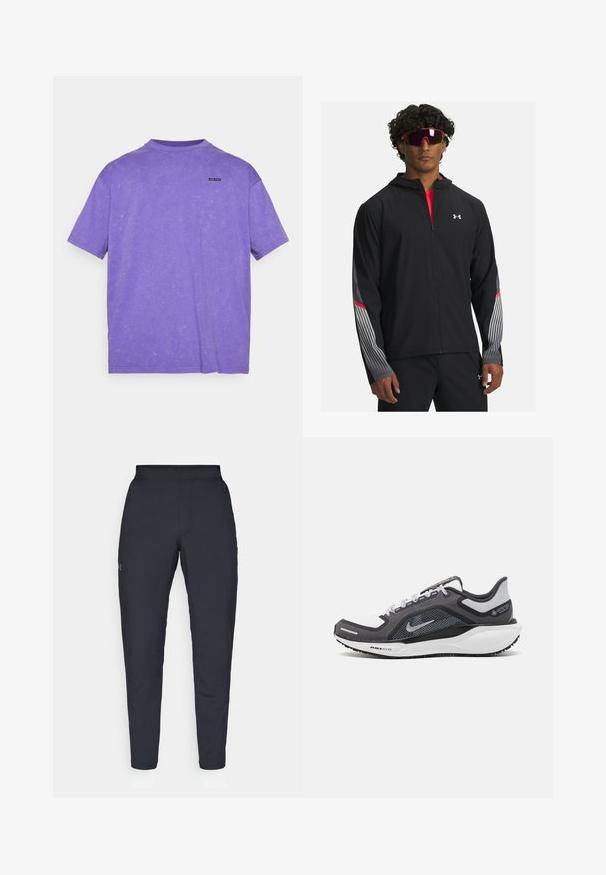 Black zip-up jacket with a hood, featuring gray stripes and red accents on sleeves. Worn over a red shirt, displayed with sunglasses.; Under Armour LOGO WASH - Basic T-shirt - lavish/white; Black athletic pants with a smooth texture, slim fit, elastic waistband, and side pockets. Features a small logo on the left thigh.; Black and gray athletic shoe with a mesh upper, reflective accents, and a white midsole. Features textured rubber outsole and laces.