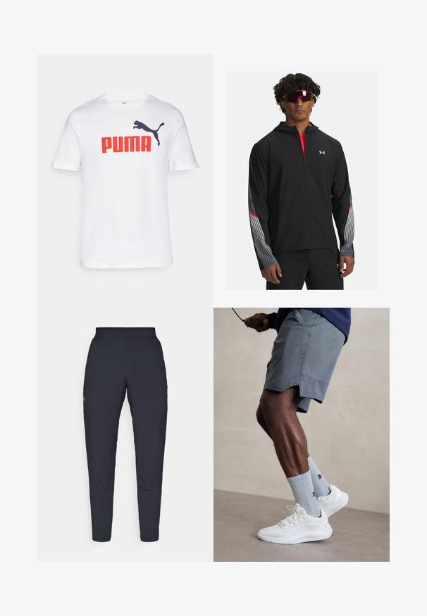 Melnas zip-up jaka ar kapuci, ar pelēkām svītrām un sarkaniem akcentiem uz piedurknēm. Valkāta virs sarkanas kreklas, parādīta ar saulesbrillēm.; Balta kokvilnas T-kreklu ar lielu sarkano "PUMA" logo un melnu lecošu pumu grafiku kreisajā krūšu daļā. Apaļa izgriezuma dizains.; Melnas sporta bikses ar gludu tekstūru, šauru piegriezumu, elastīgu jostu un sānu kabatām. Uz kreisā augšstilba ir mazs logs.; Baltas sporta apavu pāris ar strukturētu acs virsu, apvienots ar gaiši zilo riboto zeķu pāri, kurā ir zīmols. Pelēki sporta šorti ar perforētu apdari.